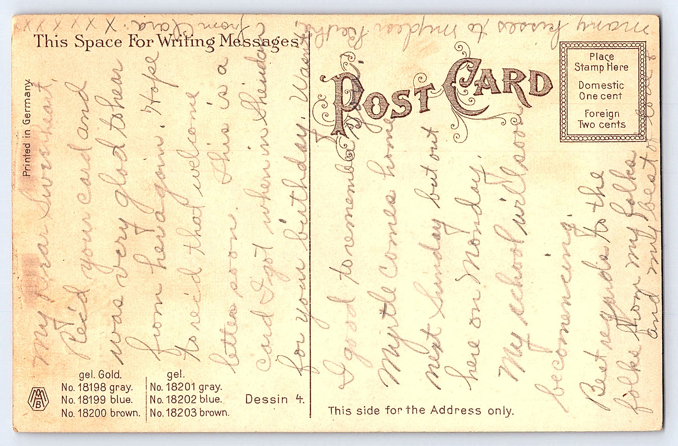 M.B. Postcard, Linen, Pink Rose Birthday Greetings, 1910s - Back