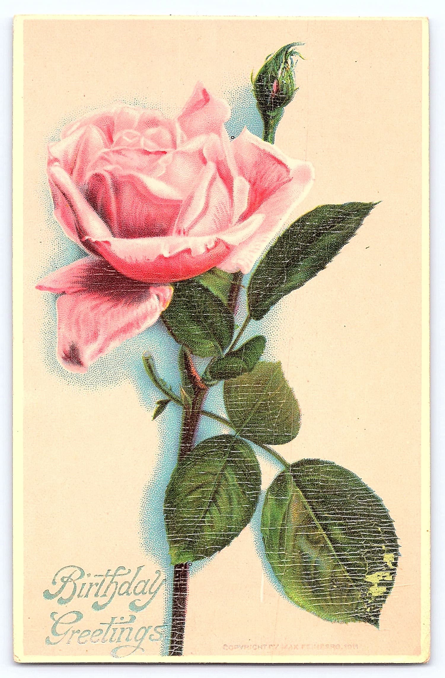 M.B. Postcard, Linen, Pink Rose Birthday Greetings, 1910s