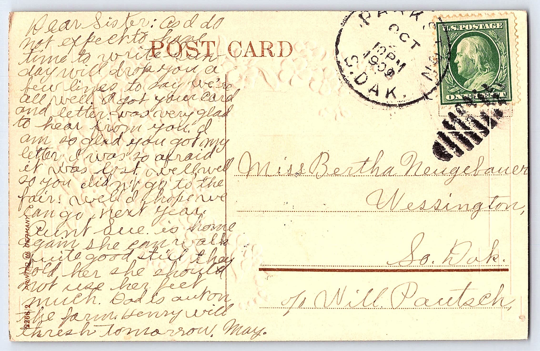 Loving Remembrance, Divided Back Postcard, South Dakota, 1910 - Back