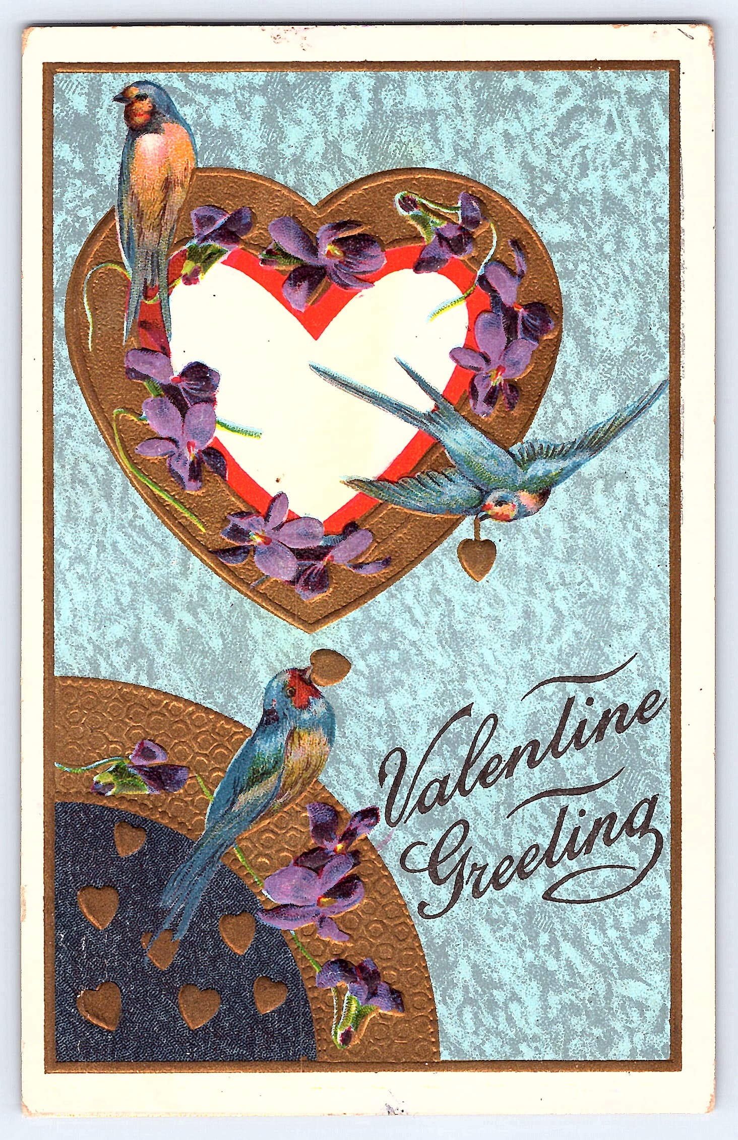 Valentine Greeting Postcard, Divided Back, Birds & Heart, 1911 Postmark