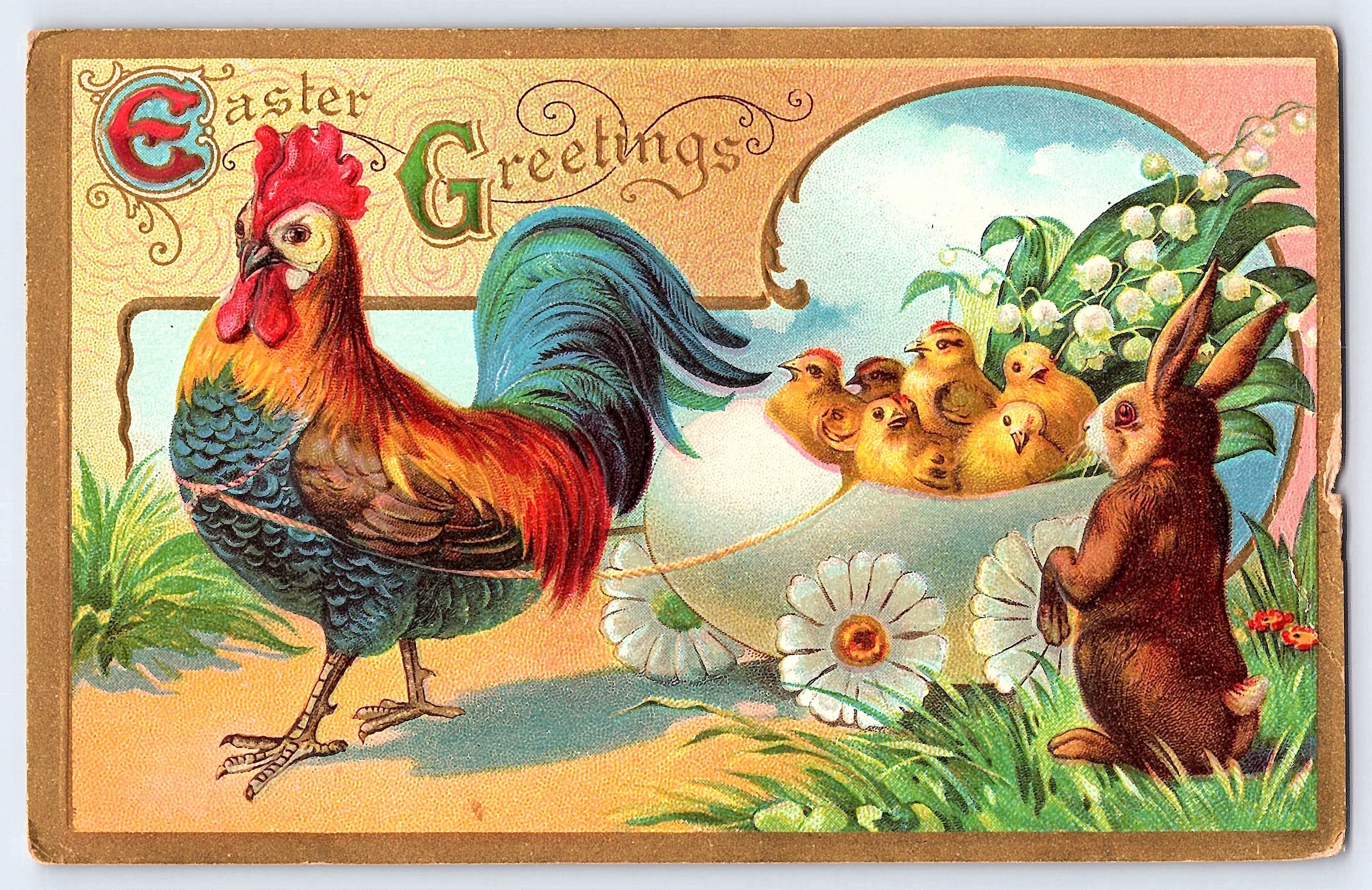 Easter Greetings Postcard, Divided Back, Rooster and Rabbit, Early 1900s