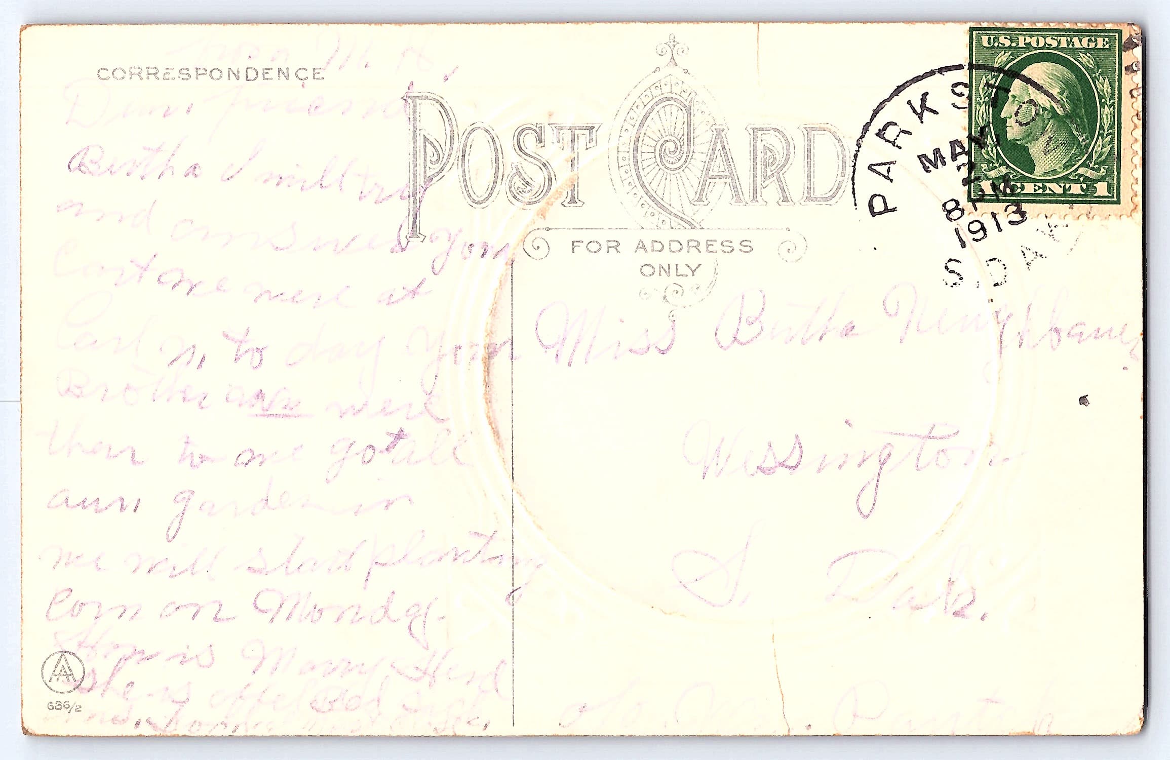 Herzliche Grüsse, Divided Back Postcard, Parkston SD, 1913 - Back