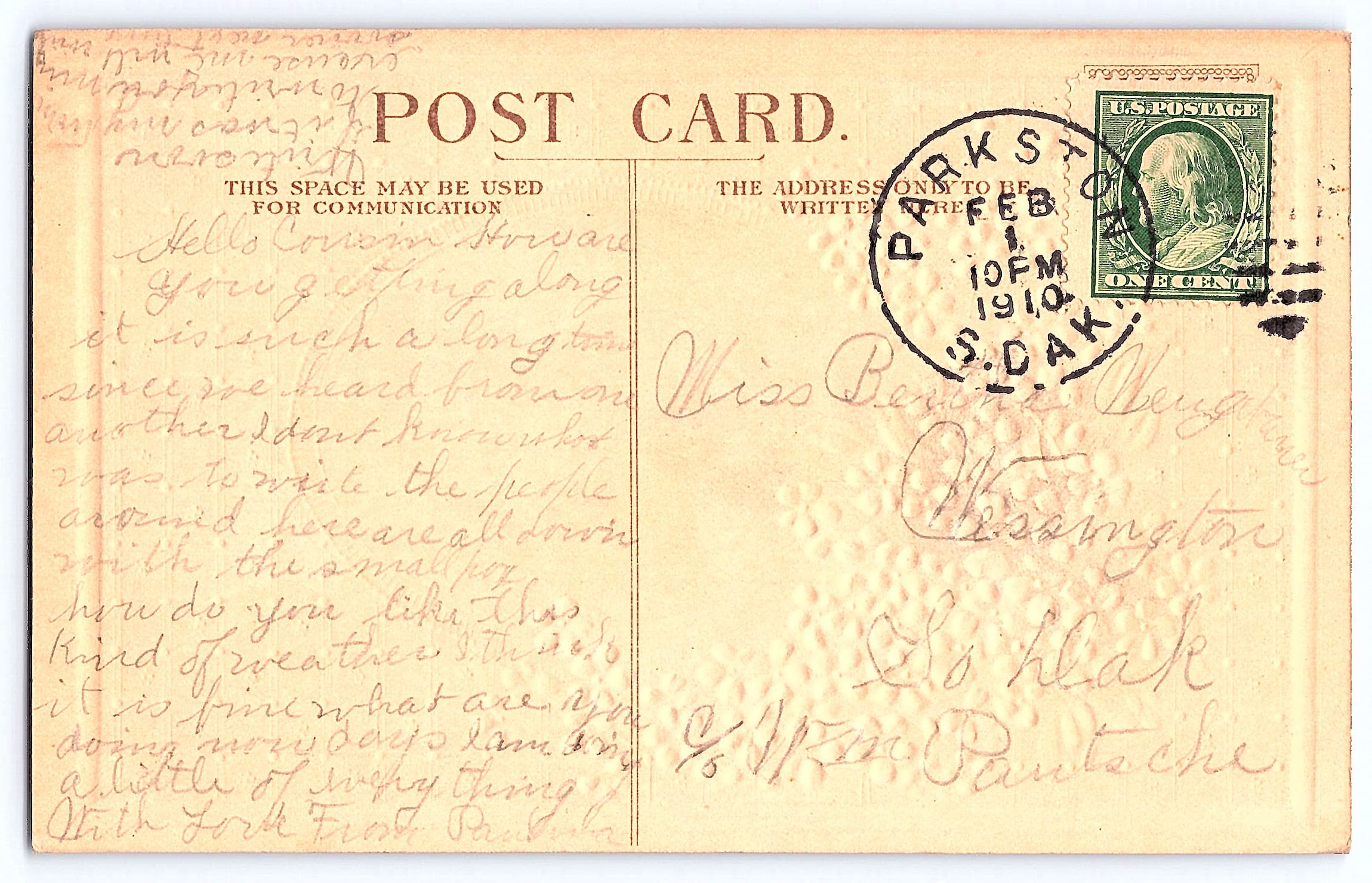 Love's Token, Divided Back Postcard, Winter Scene, 1910 Postmark - Back