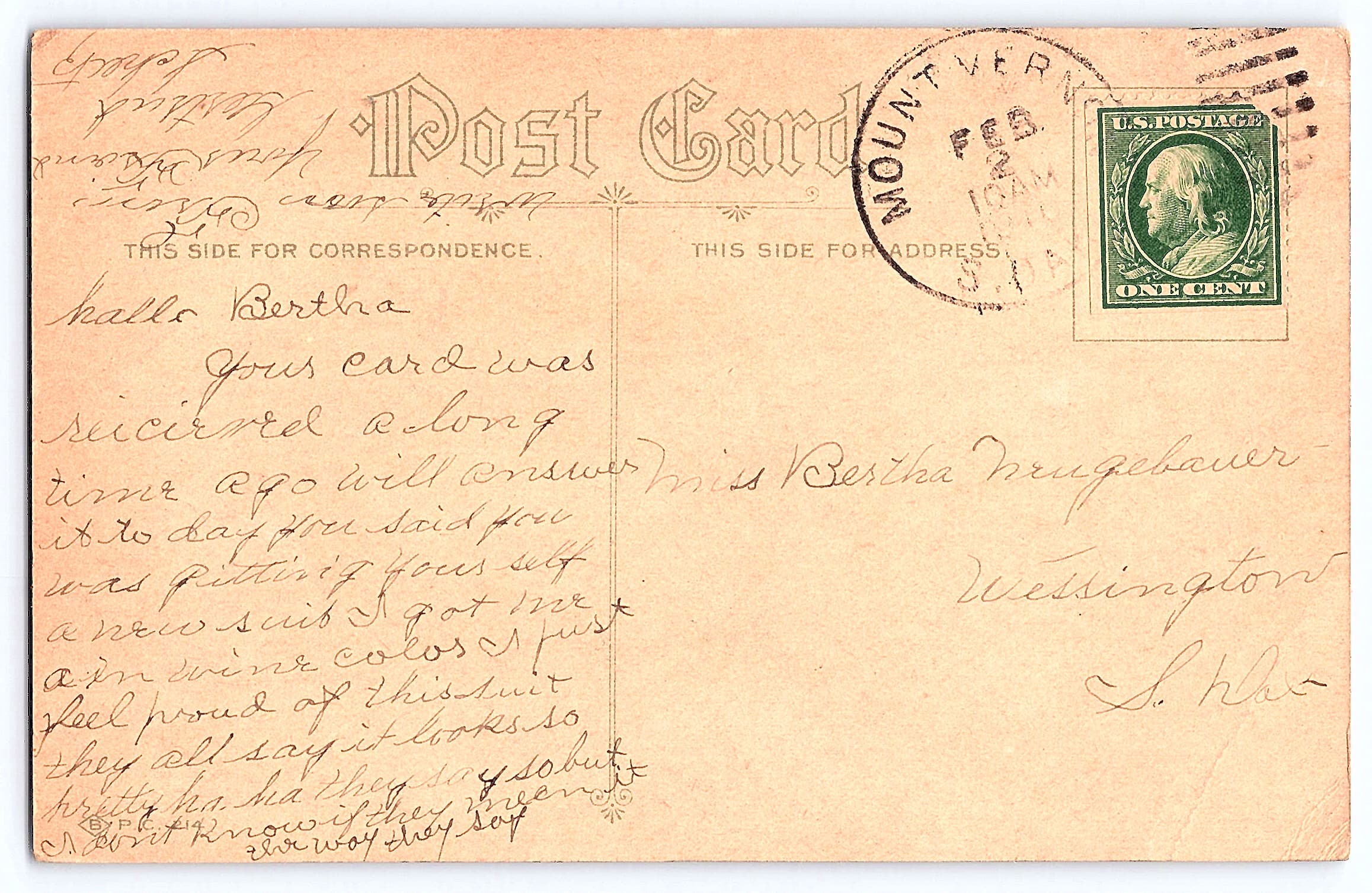 Ivy Leaves for Constancy Postcard, Mount Vernon, Linen, 1910s - Back