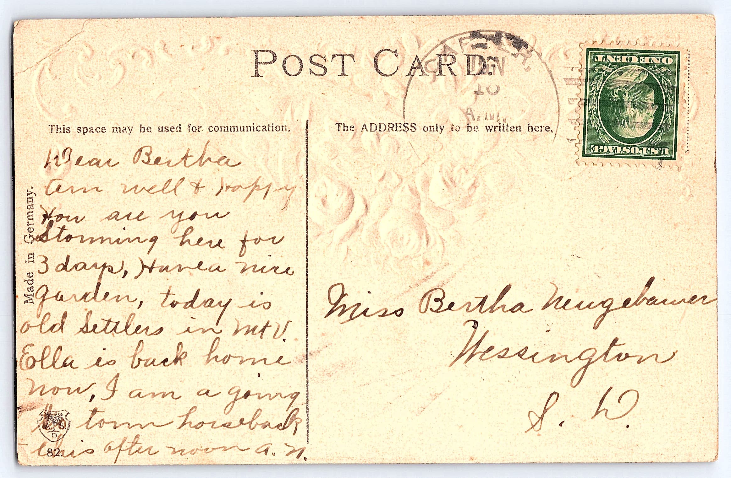 German Publisher, Divided Back Postcard, Floral Design, 1910 Postmark - Back