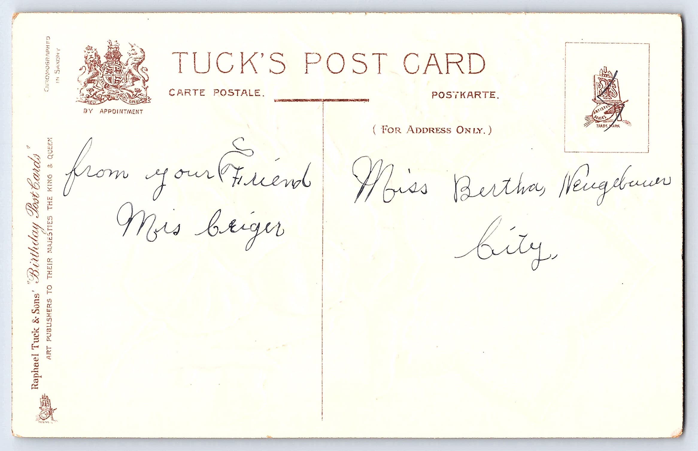 Tuck's Birthday Postcard, Floral Scene, Early 1900s - Back