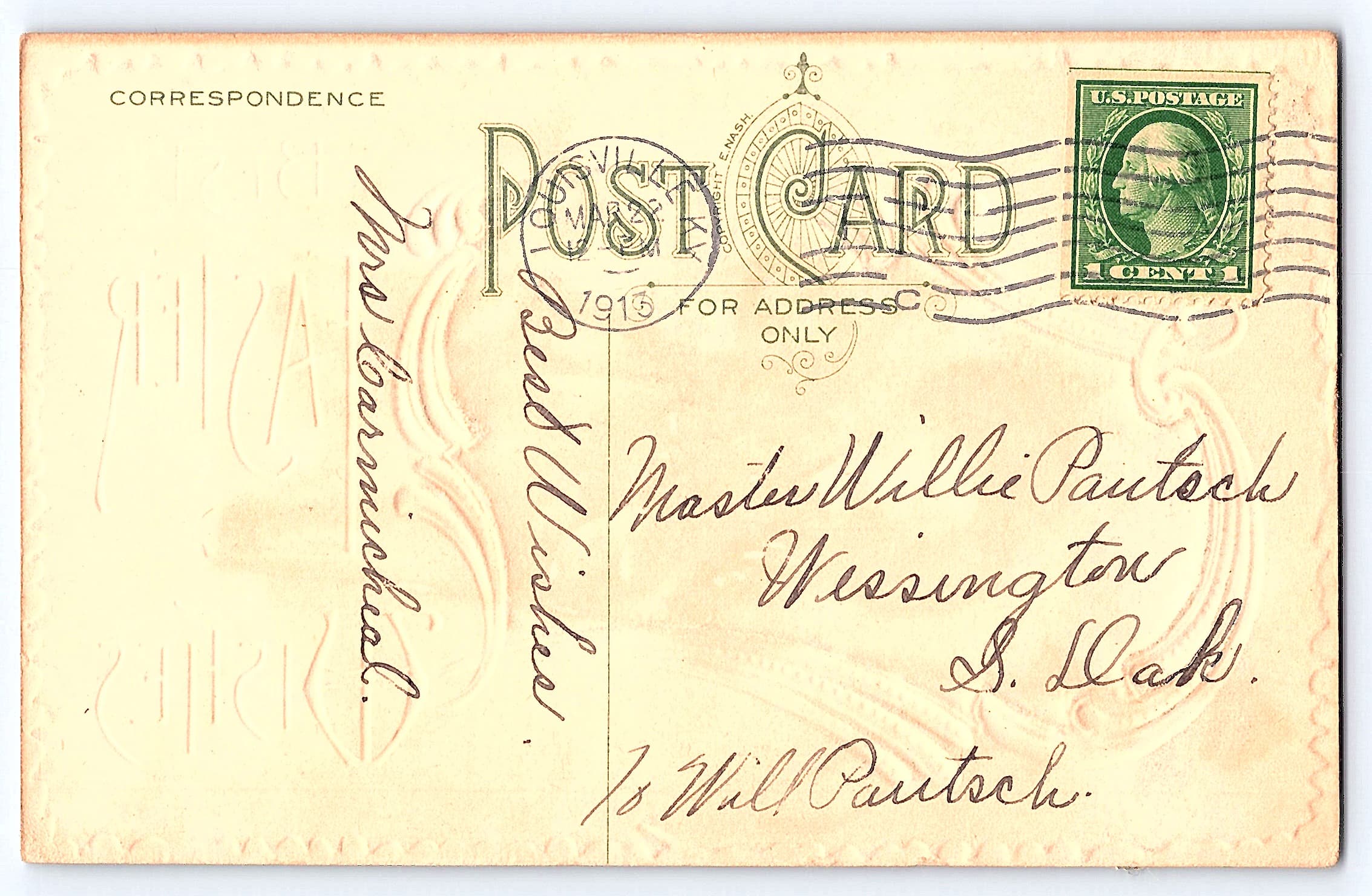 Nash Easter Postcard, Daisies, 1915 Postmark, South Dakota - Back