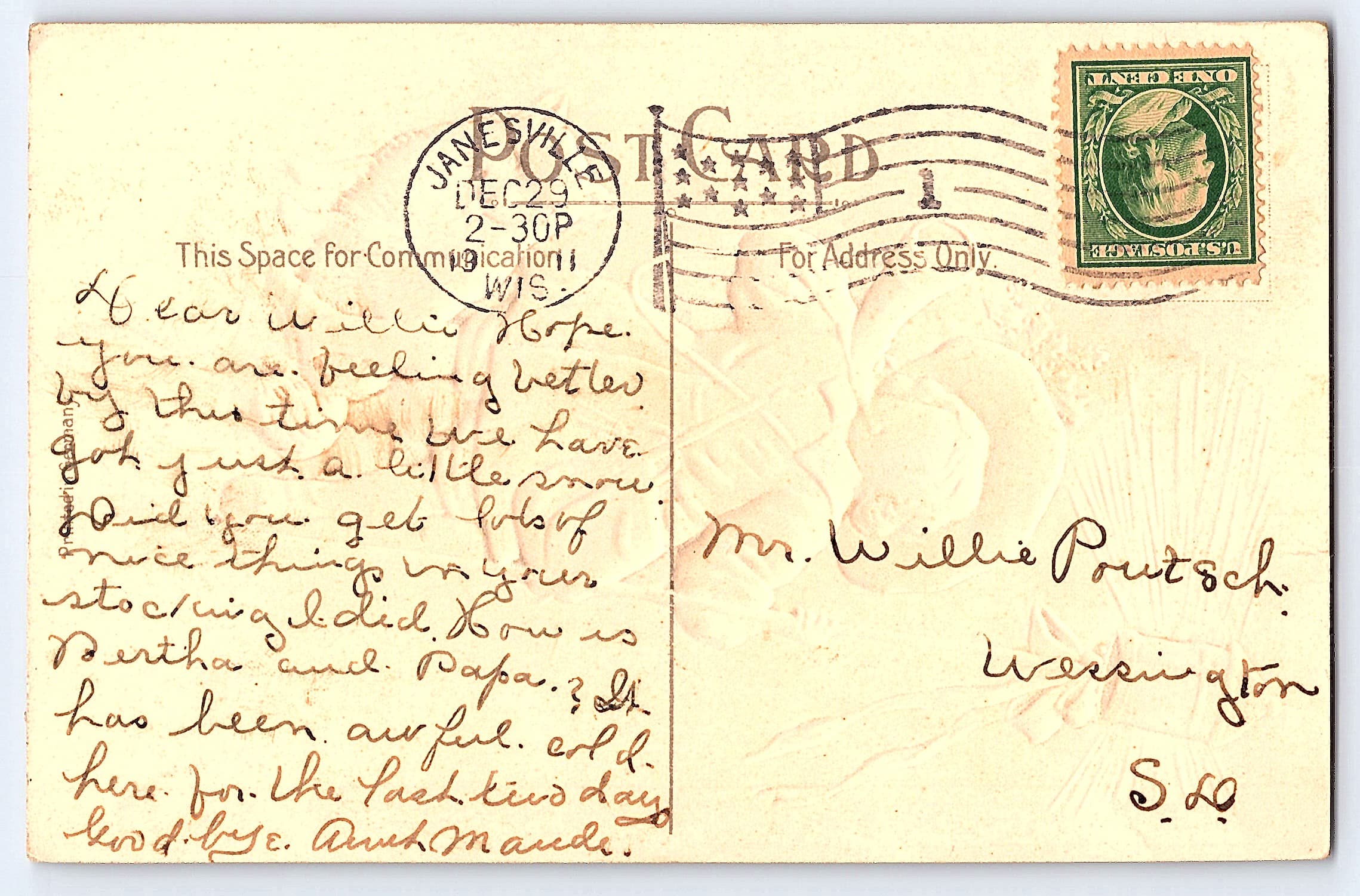 New Year Greetings, Divided Back Postcard, Janesville WI, 1910 - Back