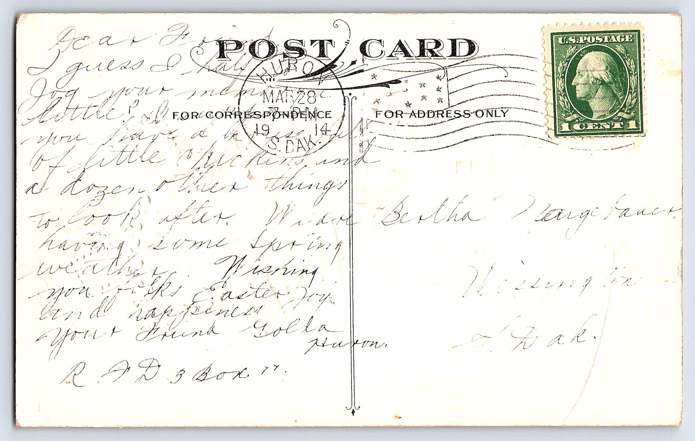 Easter Greetings Postcard, Divided Back, 1914 Postmark, Iowa to Washington - Back