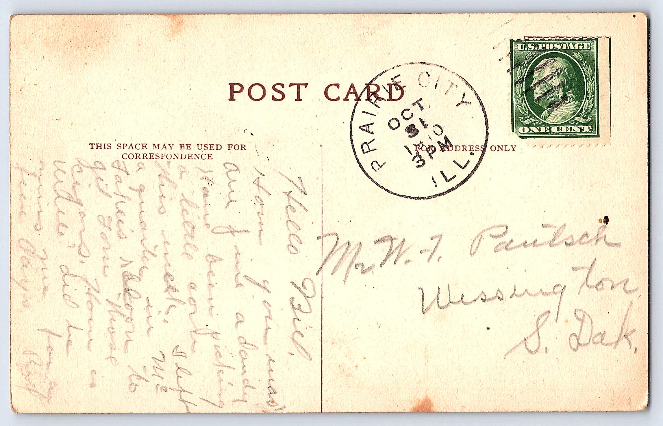 Married for Money, Divided Back Postcard, Prairie City IL, 1910 - Back