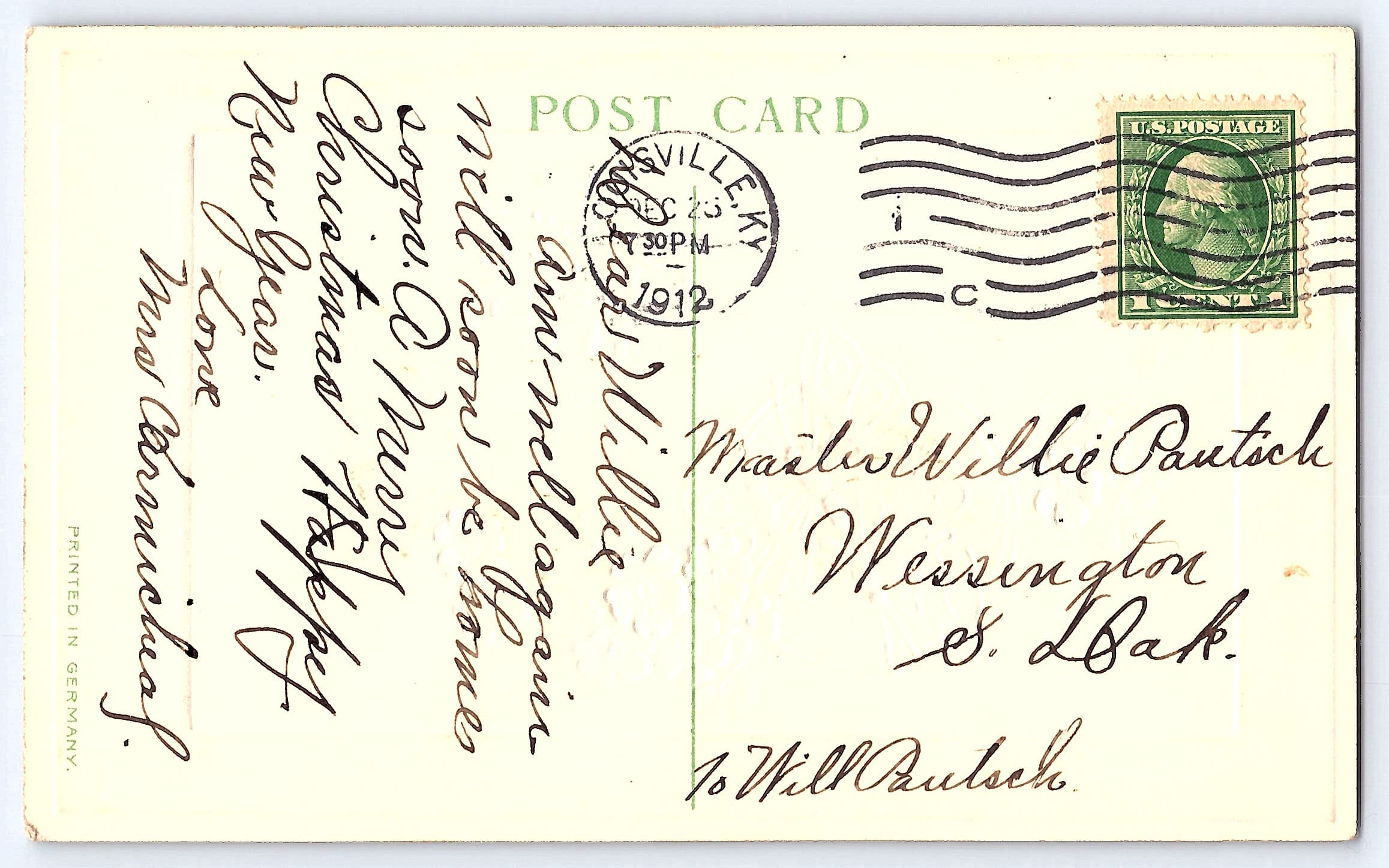 German Publisher, Divided Back, Christmas Greetings, 1912 Postmark - Back