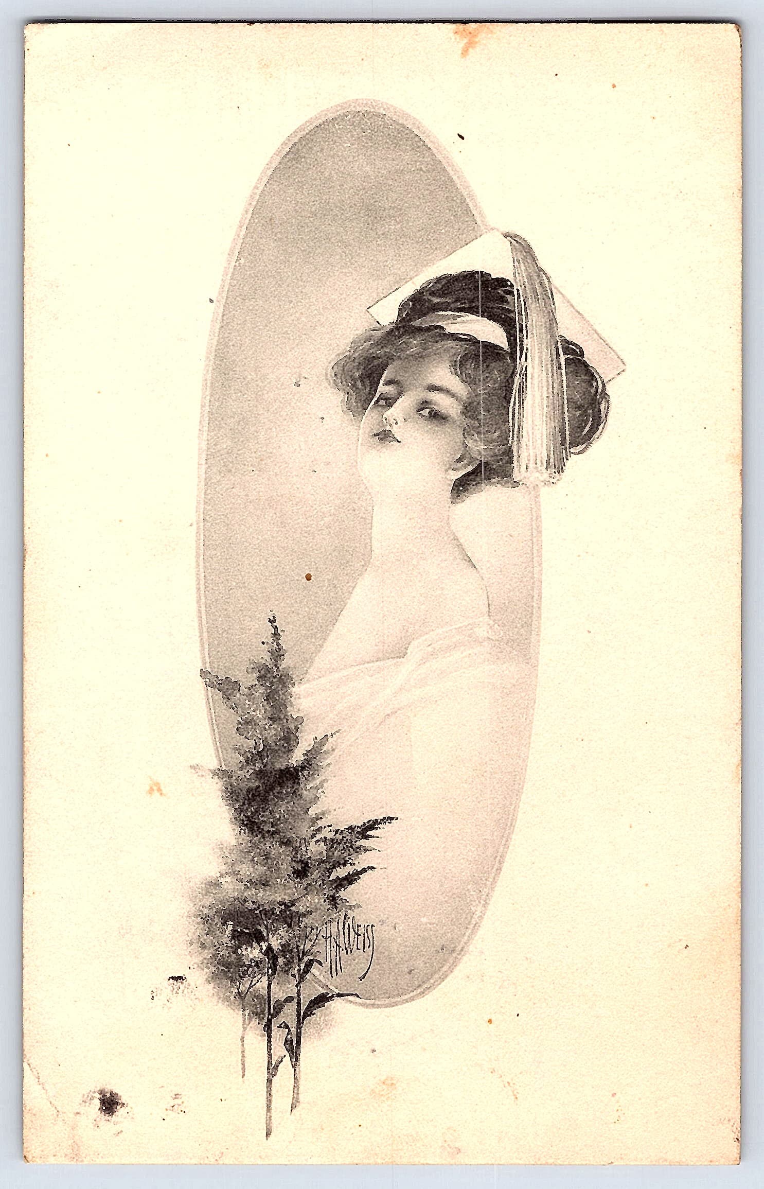 H.H. Weiss, Divided Back Postcard, Lady with Hat, 1913 Postmark