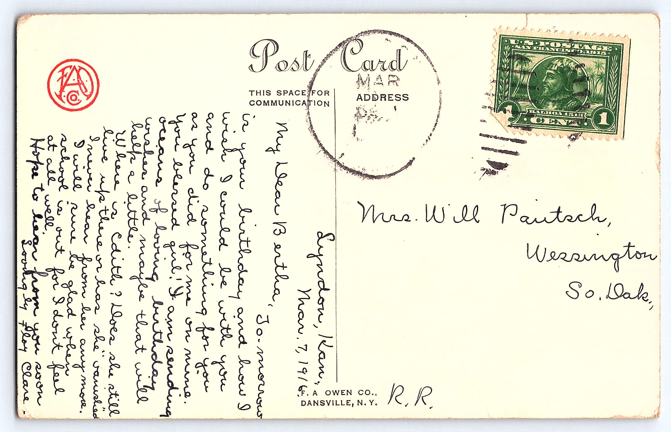 F.A. Owen Co., Divided Back Birthday Postcard, 1916 - Back