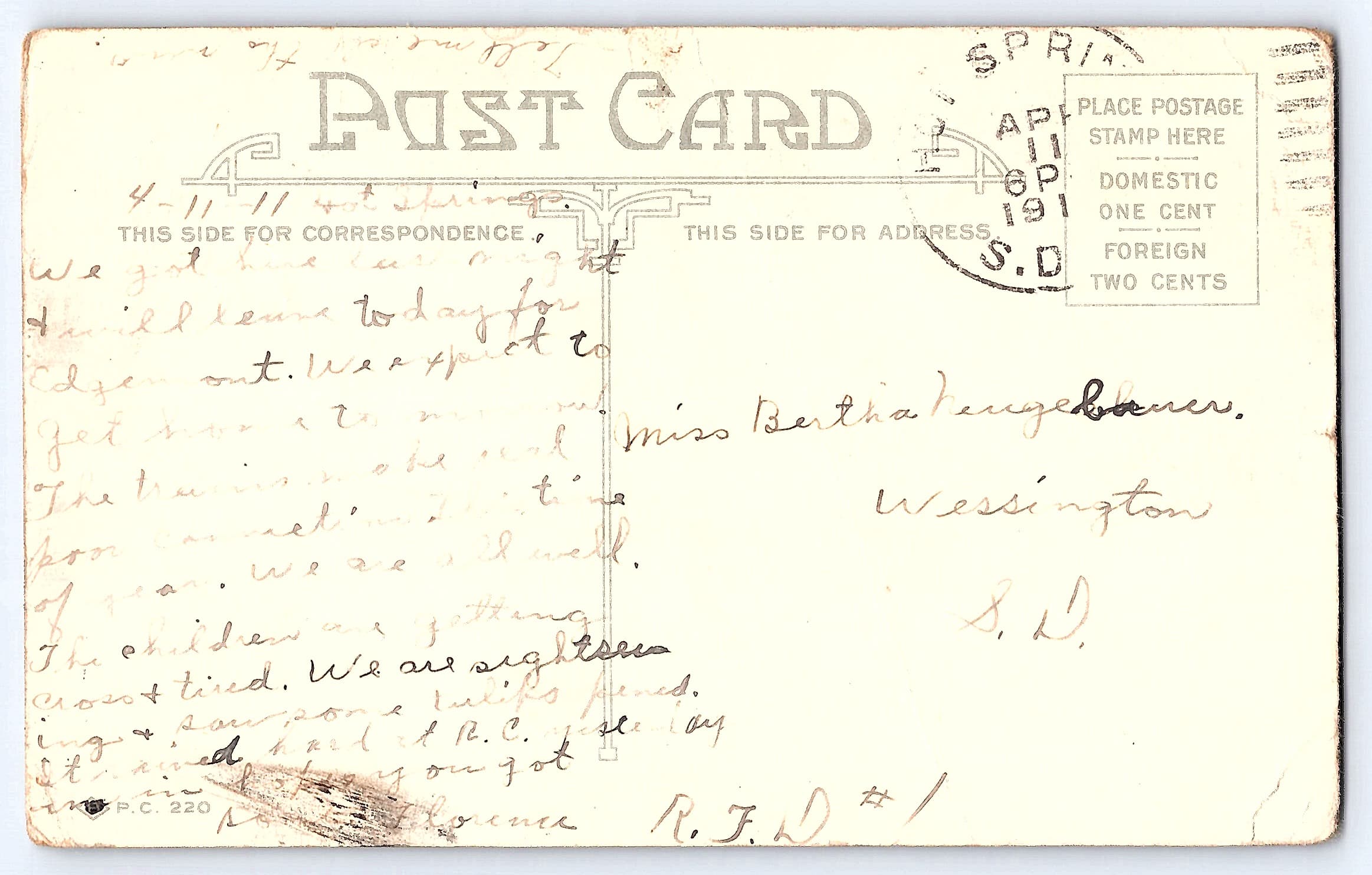 Hearty Greetings, Divided Back Postcard, South Dakota, 1911 - Back