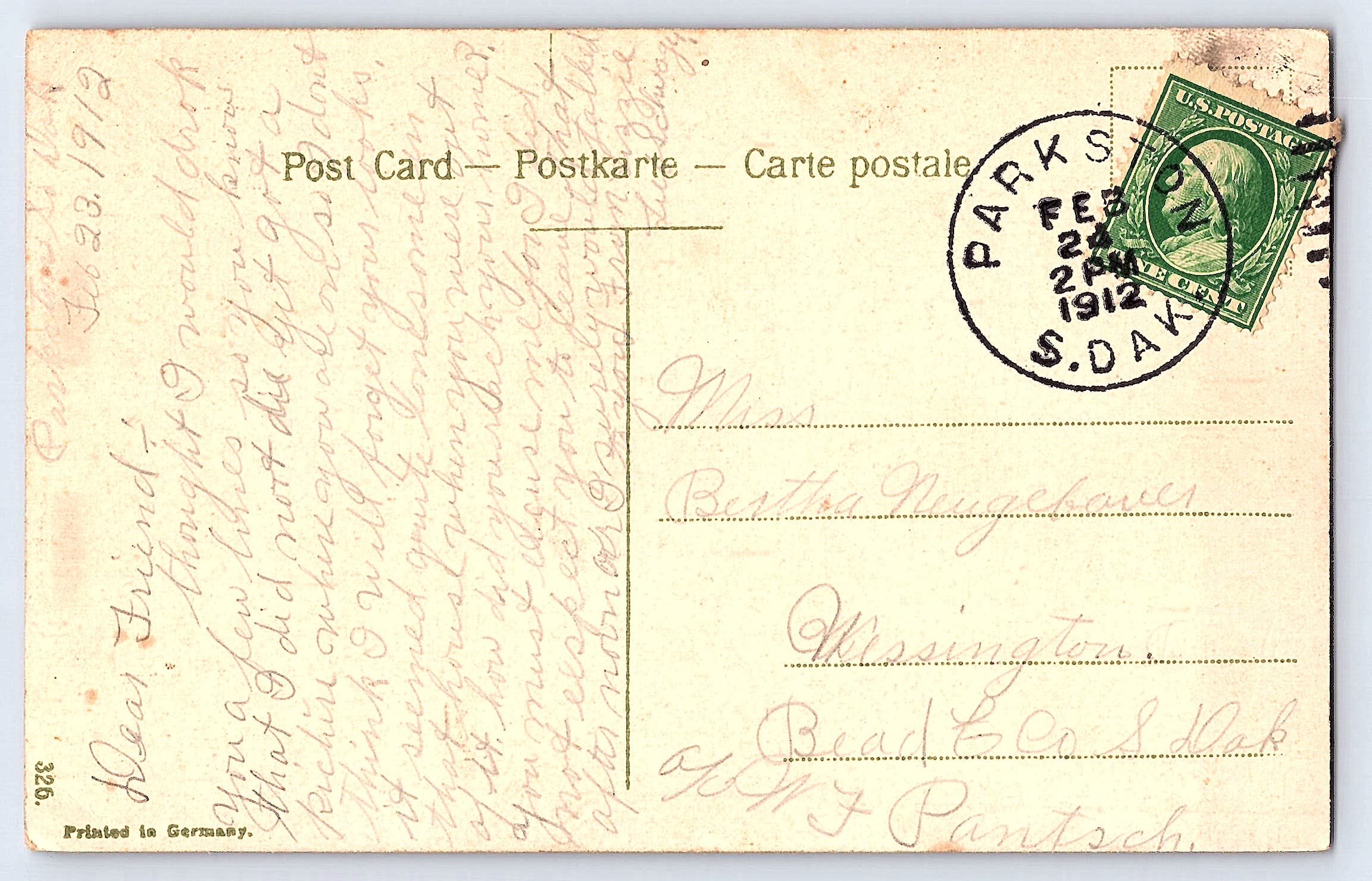 German Publisher, Divided Back, Birthday Roses, Parkston SD, 1912 - Back