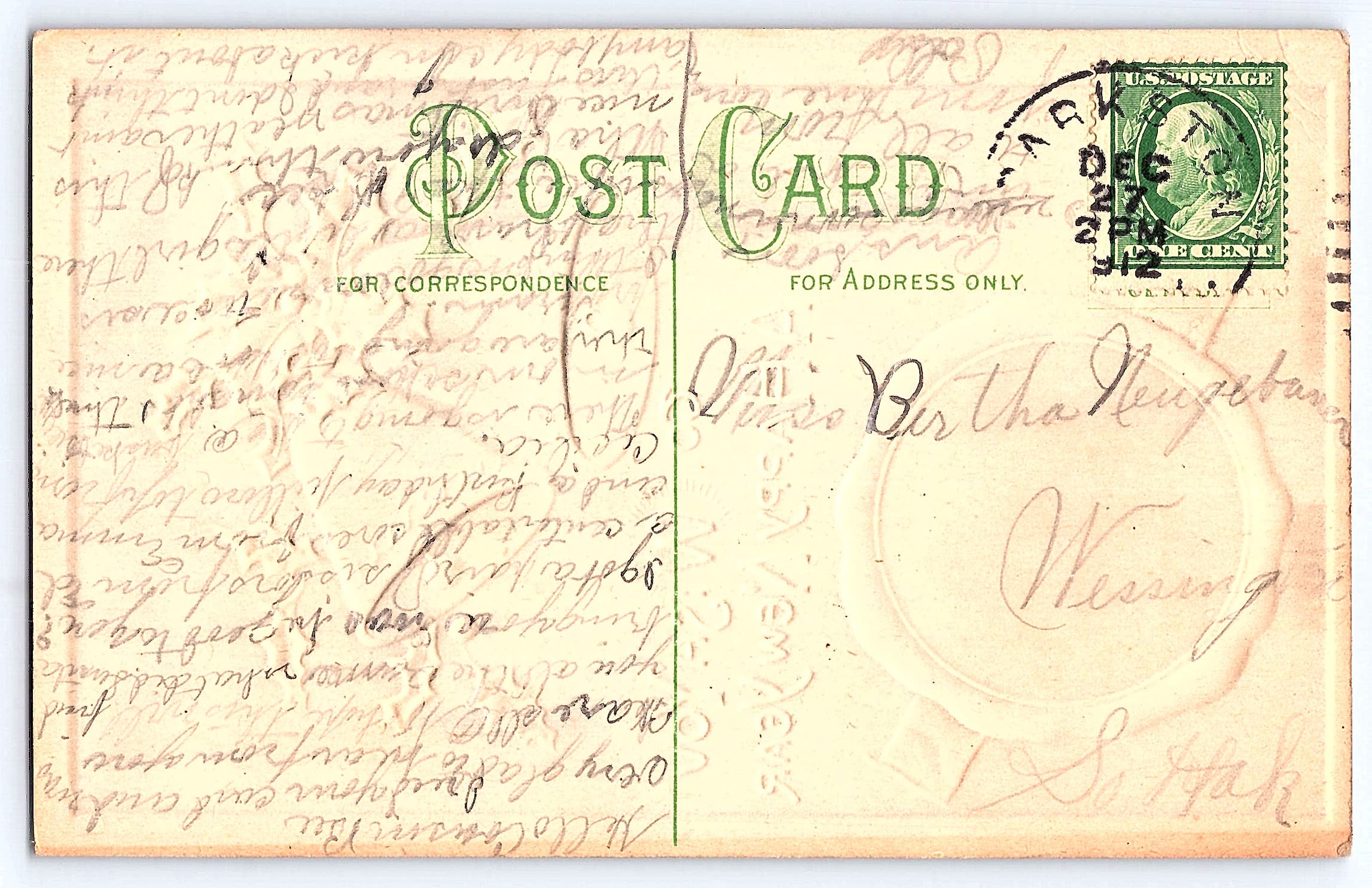 New Year Bells Postcard, Divided Back, 1912 Postmark, Wessington SD - Back