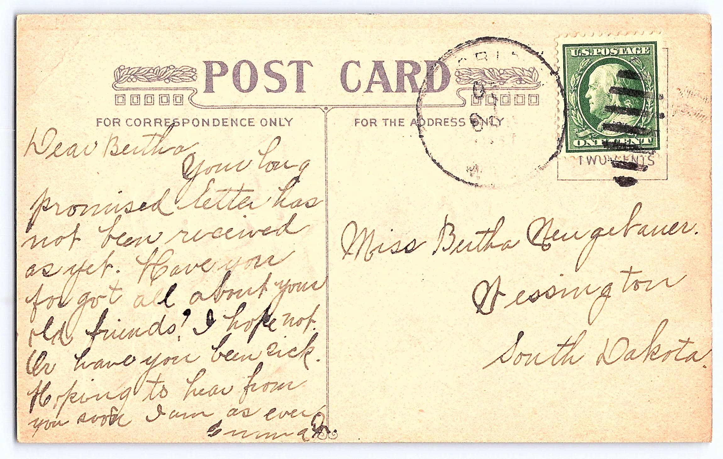 Best Wishes Linen Postcard, Basket of Violets, 1910s Postmark - Back