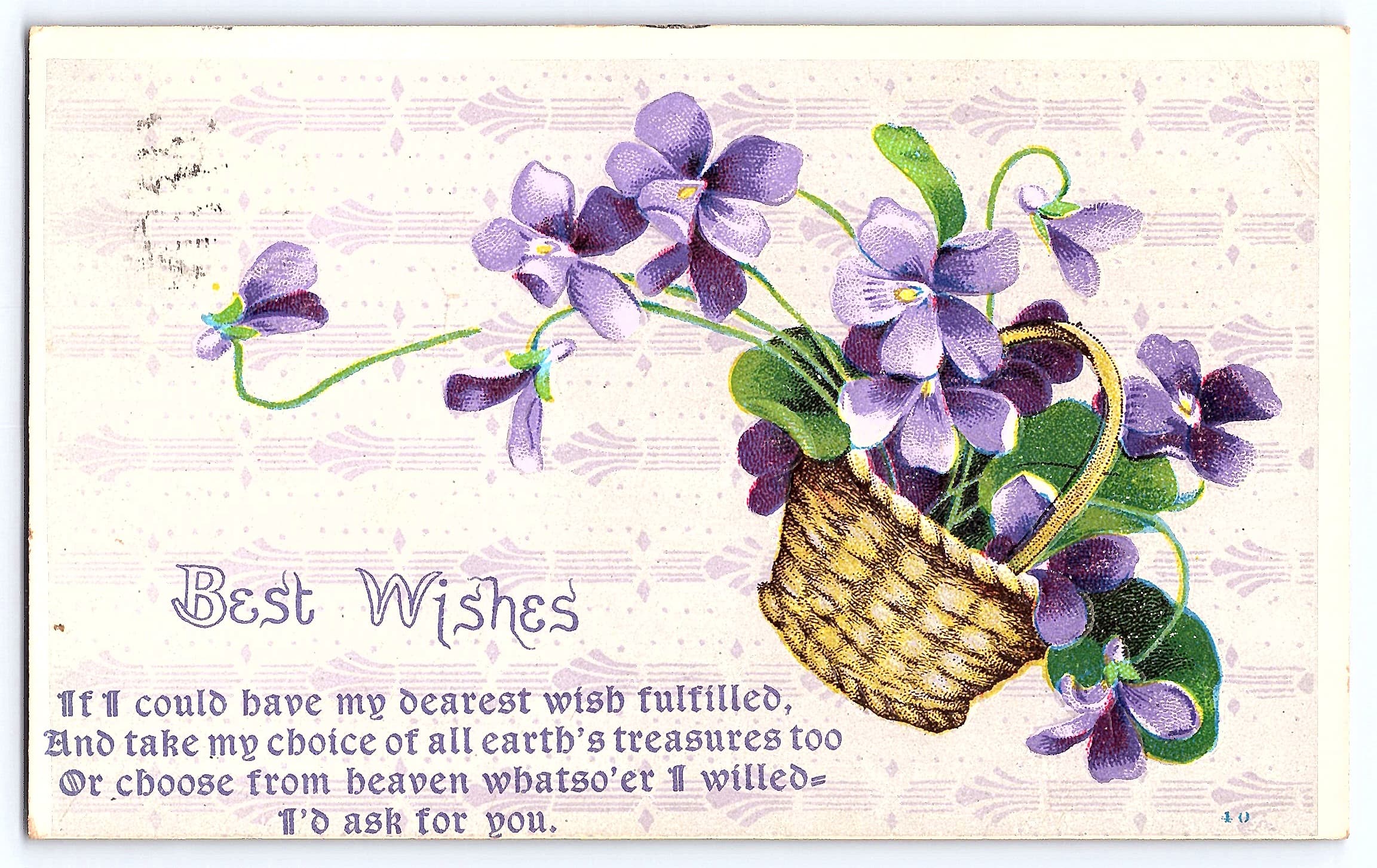 Best Wishes Linen Postcard, Basket of Violets, 1910s Postmark