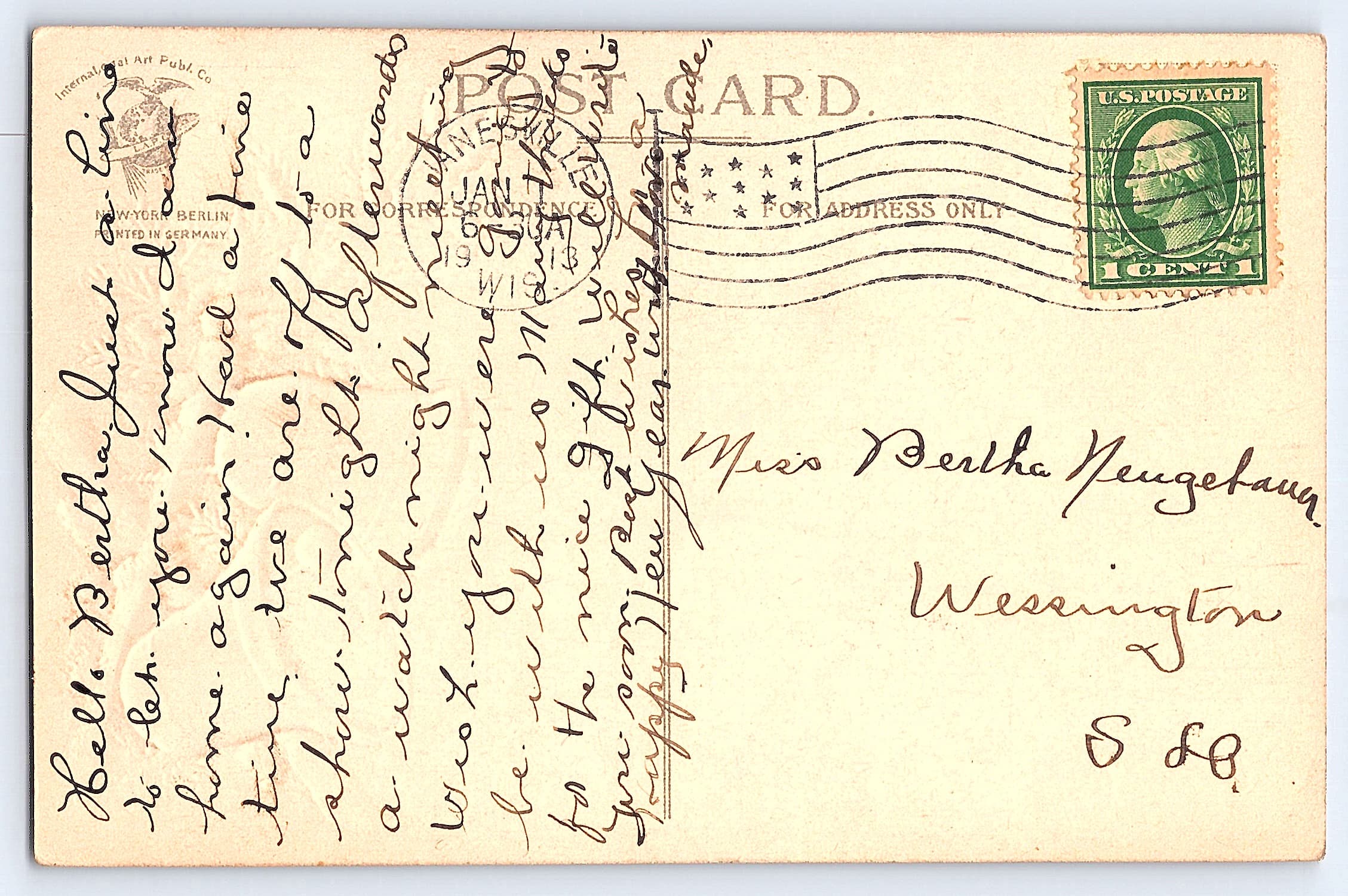 International Art Publ. Co., Divided Back, New Year Greetings, 1913 - Back