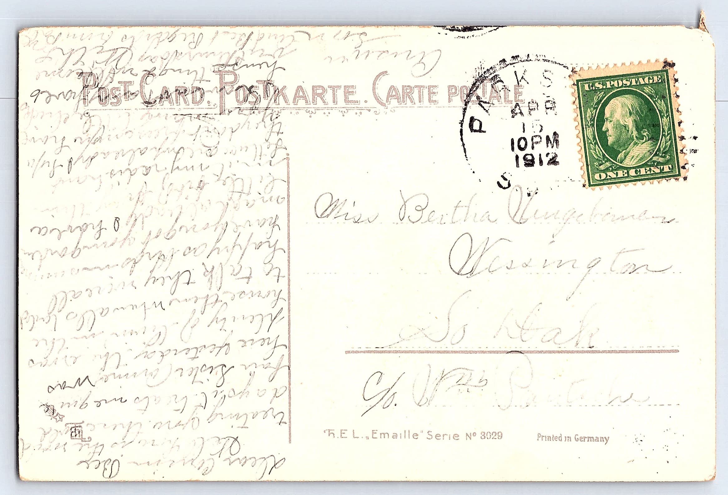 R.E.L. Emaille Series, Divided Back Postcard, Winter Scene, 1912 - Back