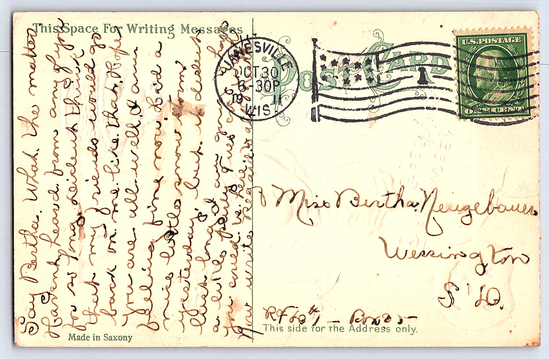 E.C. Banks Halloween Greetings Postcard, Janesville WI, 1915 - Back