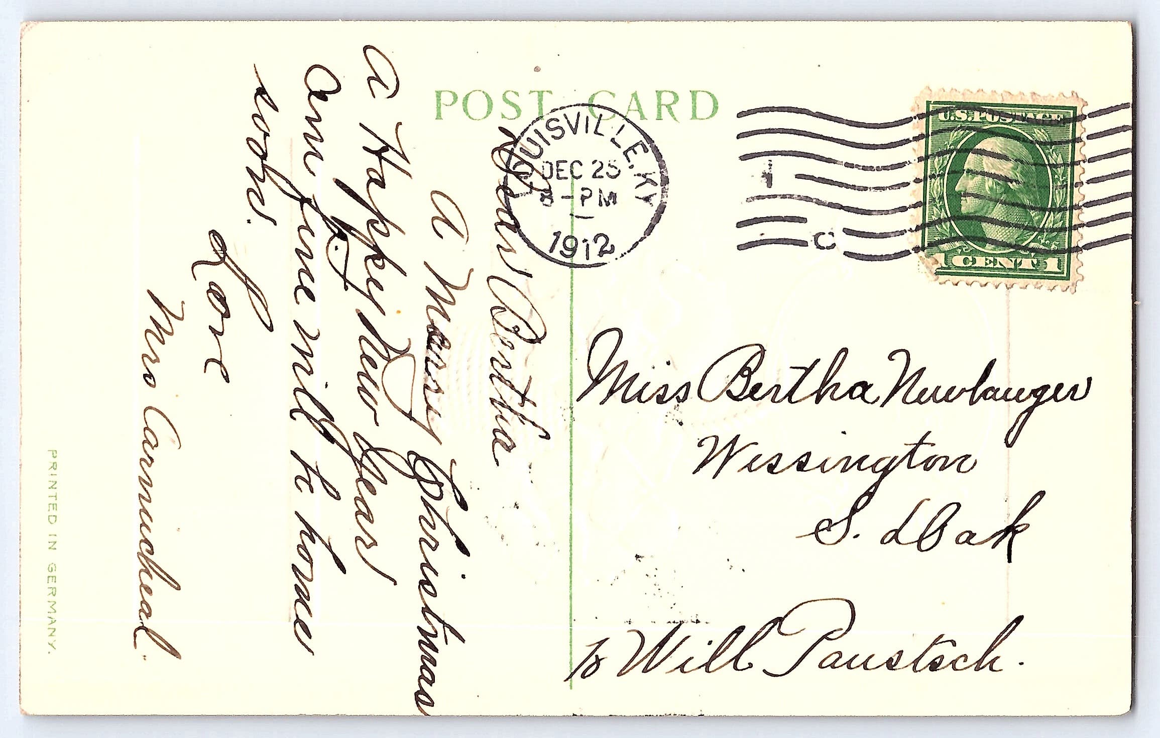 Pansies Christmas Postcard, Divided Back, Louisville KY, 1912 - Back