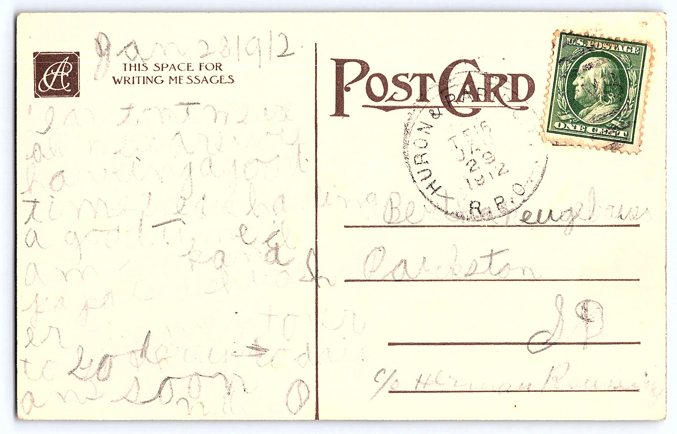 A.C. Co., Divided Back Postcard, Violets Bouquet, 1912 - Back