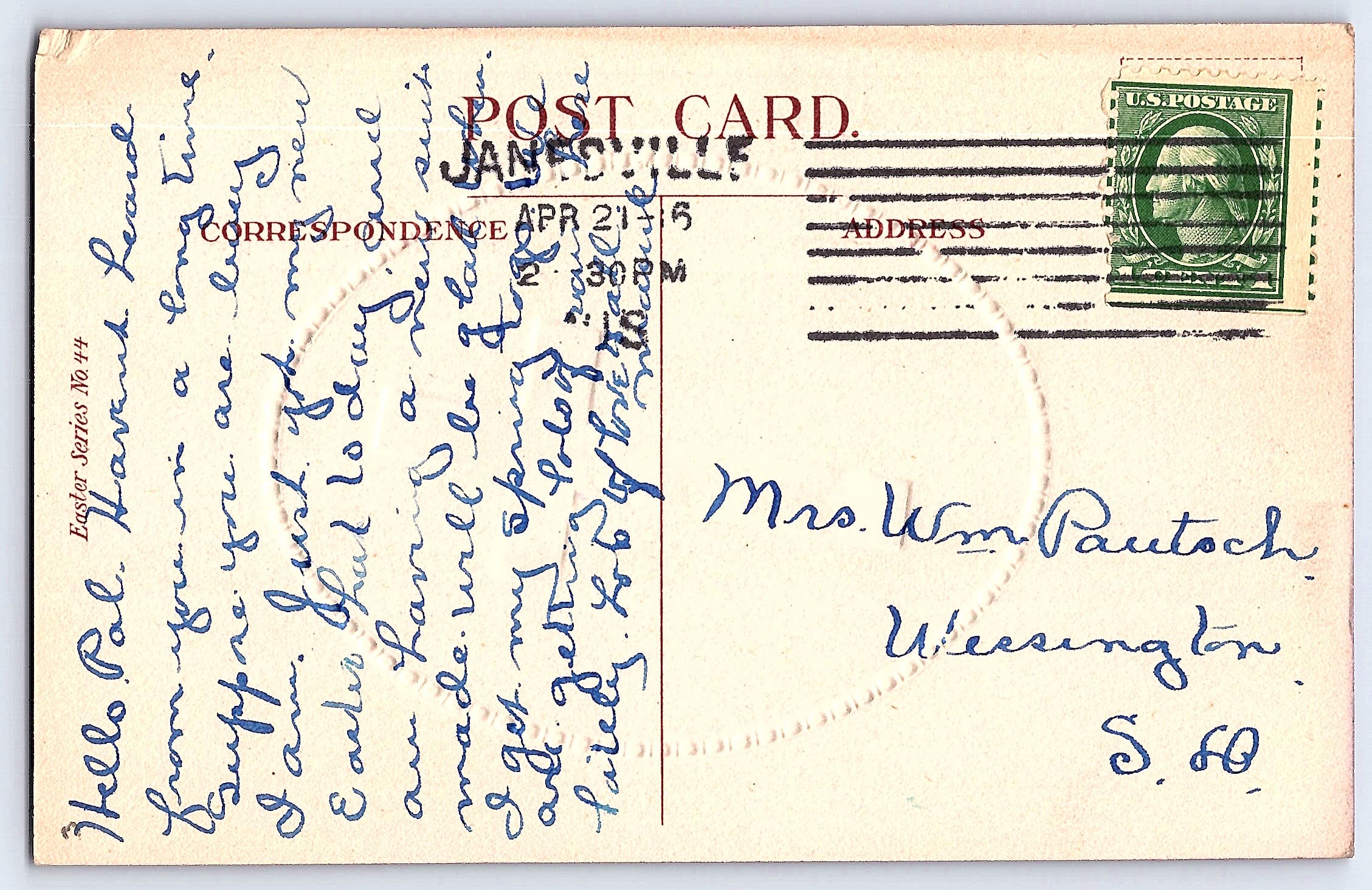 Easter Series No. 44, Divided Back Postcard, Janesville WI, 1915 - Back