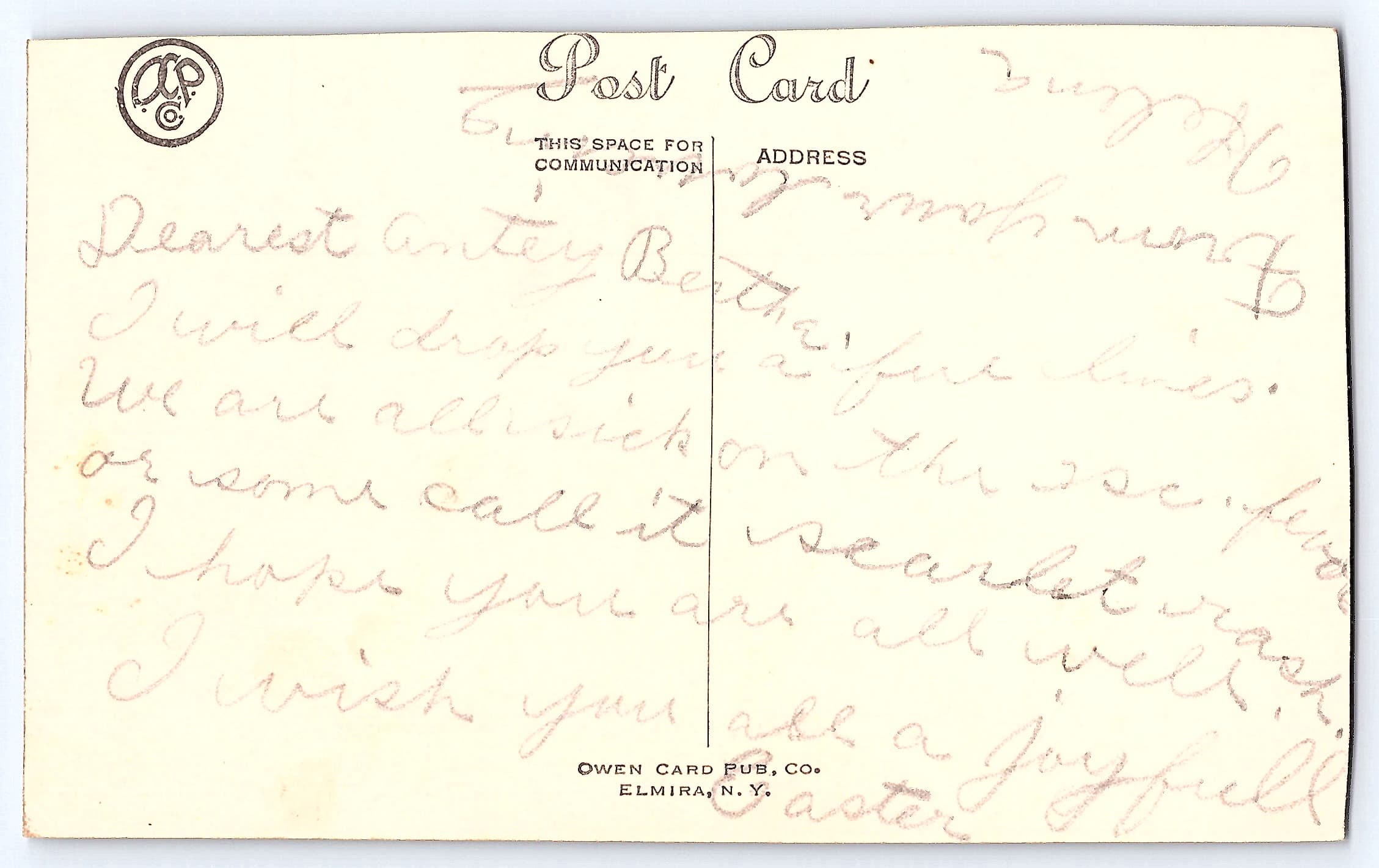 Owen Card Pub. Co., Easter Greeting, Undivided Back, Early 1900s - Back
