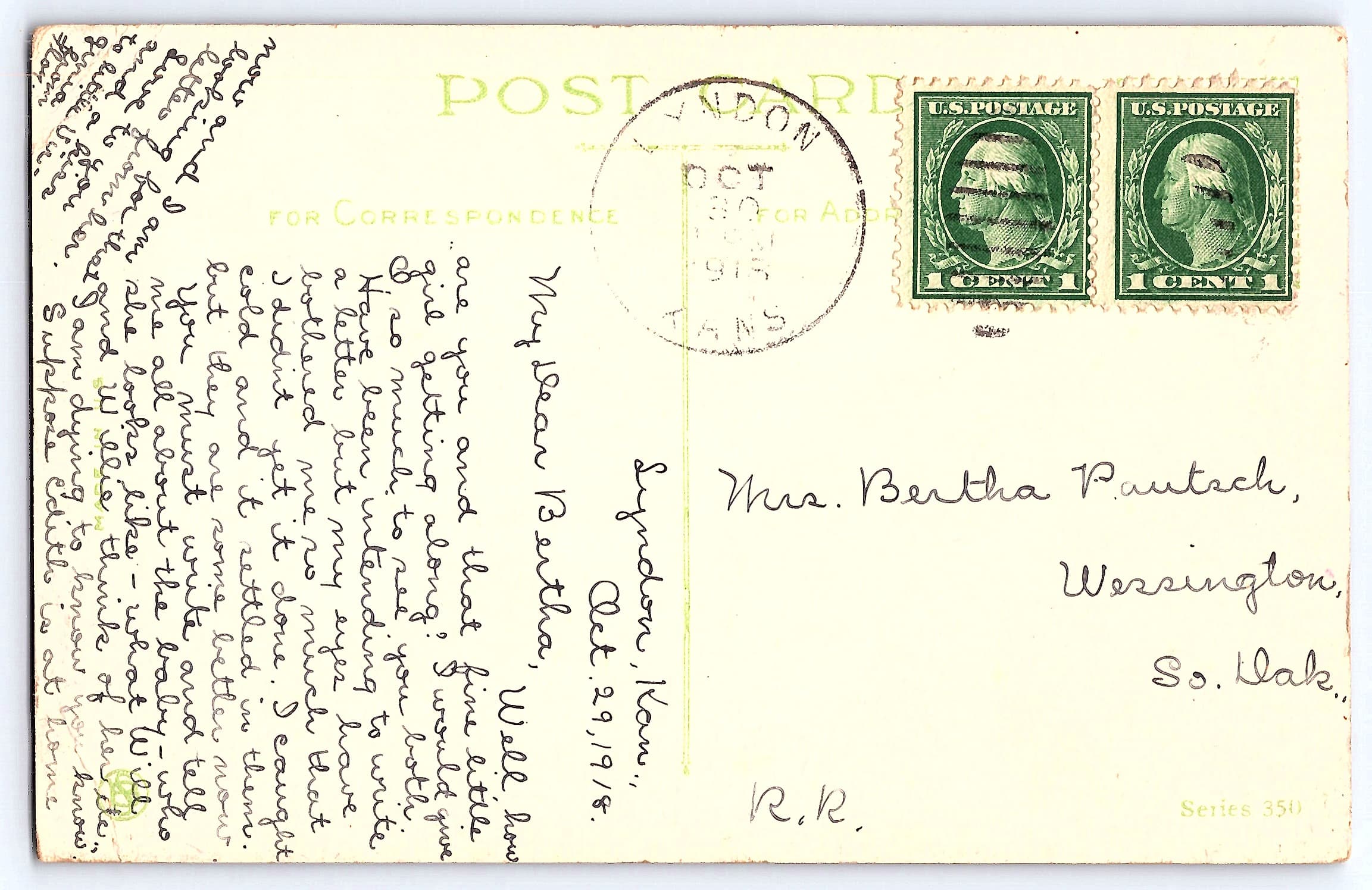 Series 350, Divided Back Postcard, Congratulations, 1916 Postmark - Back
