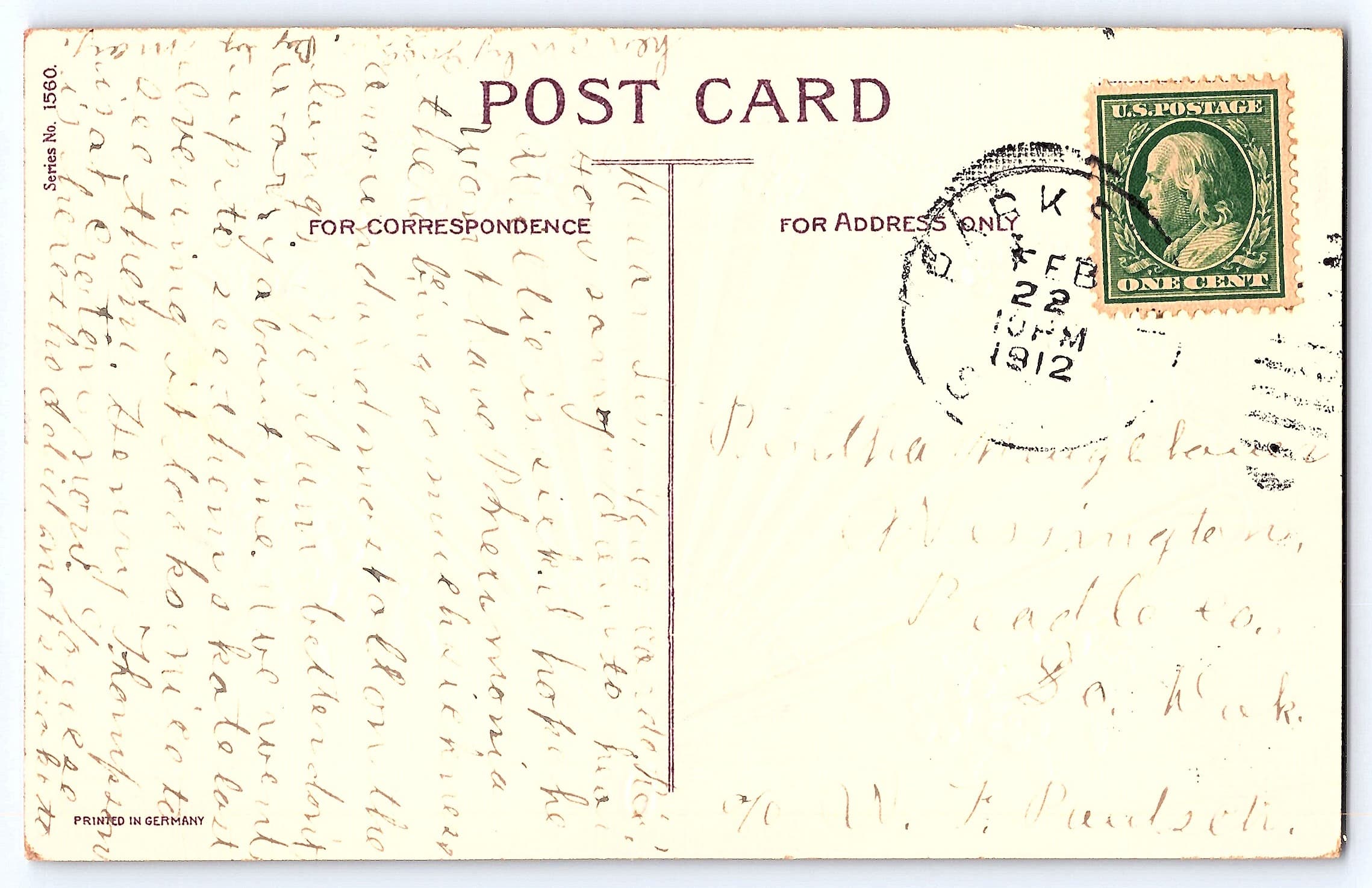 Printed in Germany, Divided Back, Floral Fan, 1912 Postmark - Back