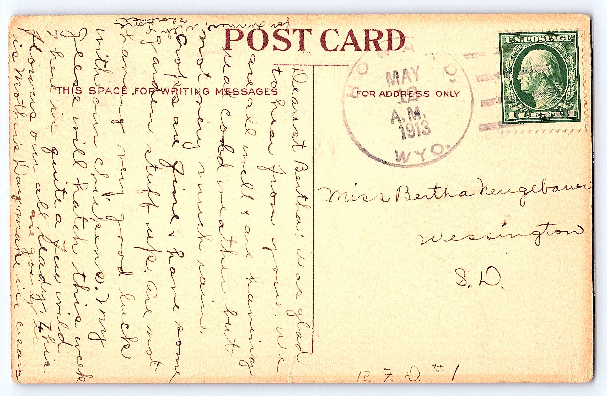 Humorous Linen Postcard, Couple with Umbrella, 1913 Postmark, Wyoming - Back