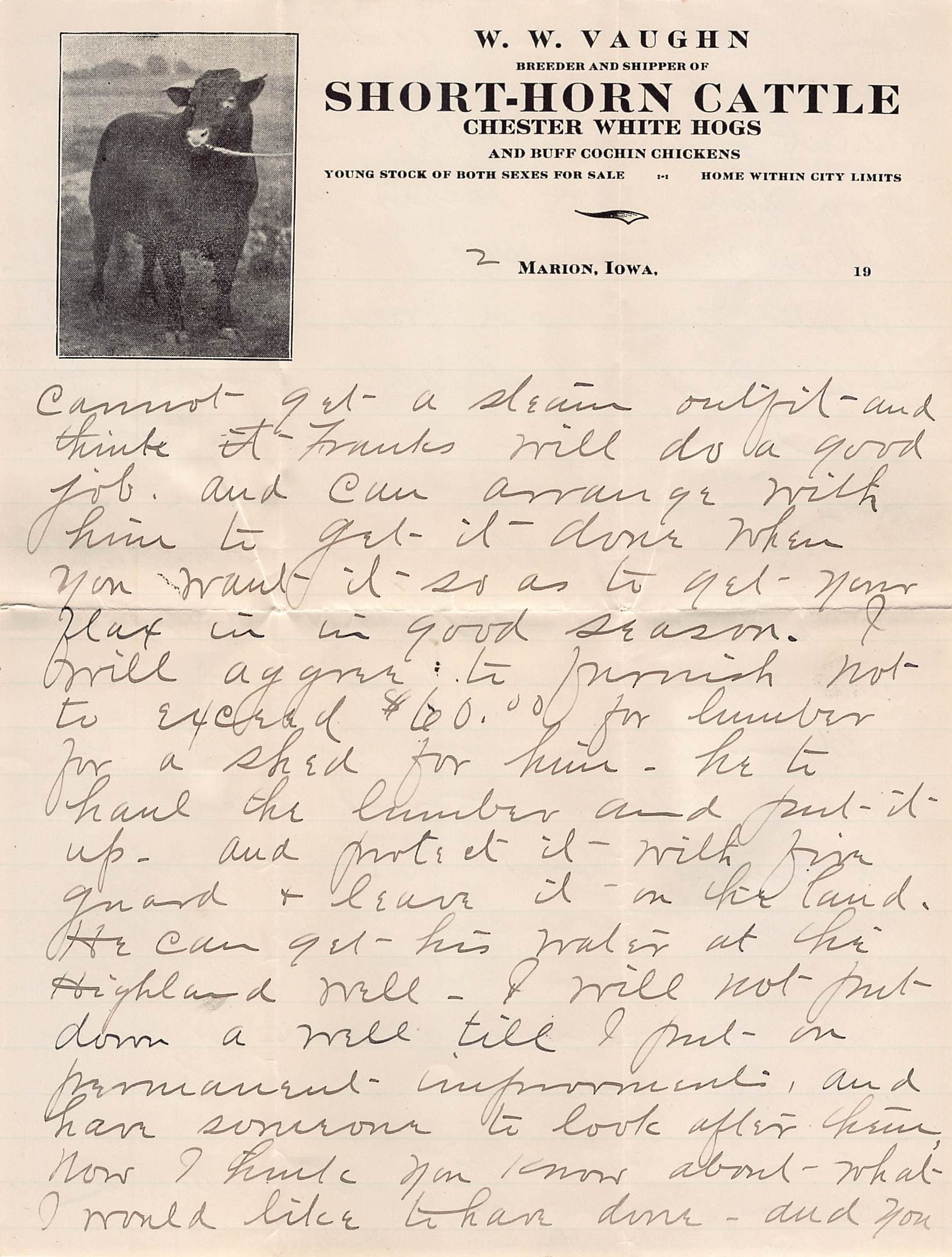 1911 Marion Iowa Short-Horn Cattle Farm Letter w/ Cover – W.W. Vaughn Wildwood Farm - Image