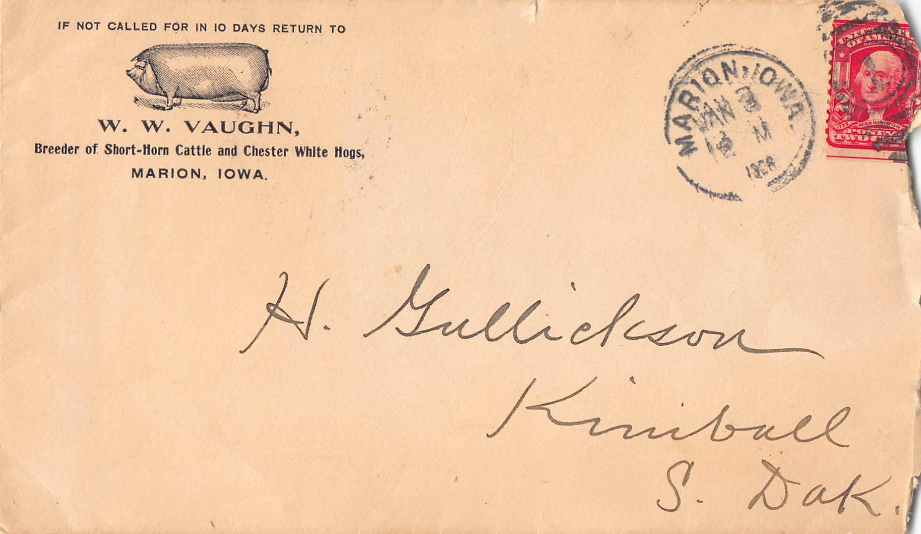 1906 Marion Iowa Short-Horn Cattle Farm Letter w/ Cover – W.W. Vaughn Livestock - Image