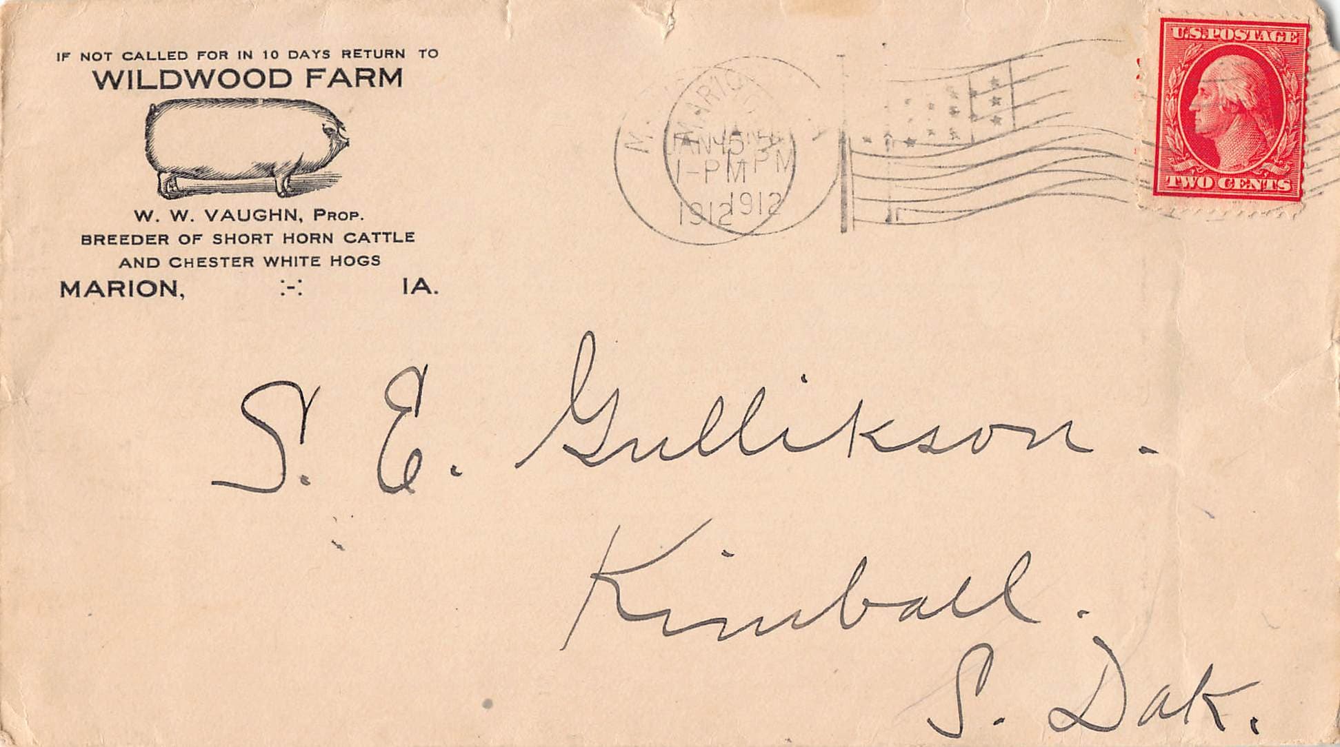 1912 Wildwood Farm Marion Iowa Farm Letter w/ Cover – W.W. Vaughn Livestock - Image