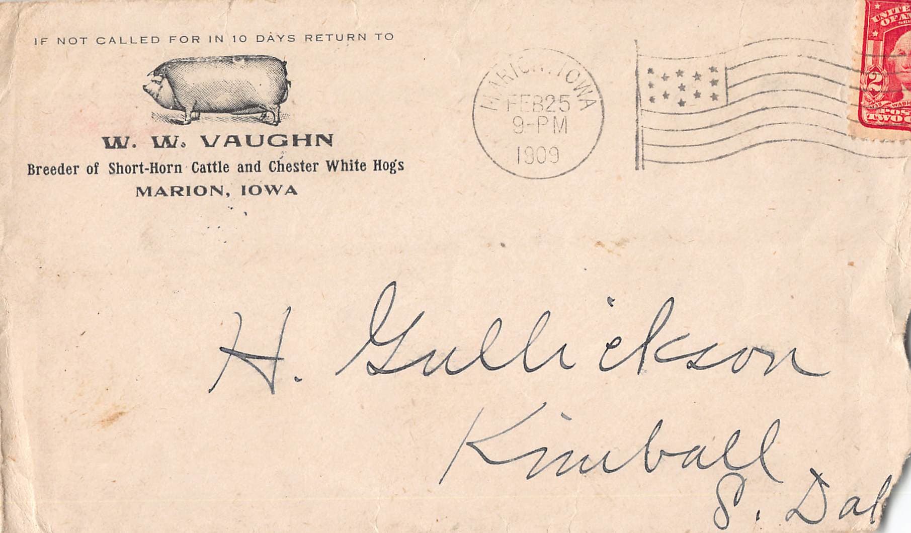 1909 Marion Iowa Short-Horn Cattle Letter w/ Envelope – W.W. Vaughn Farm - Image